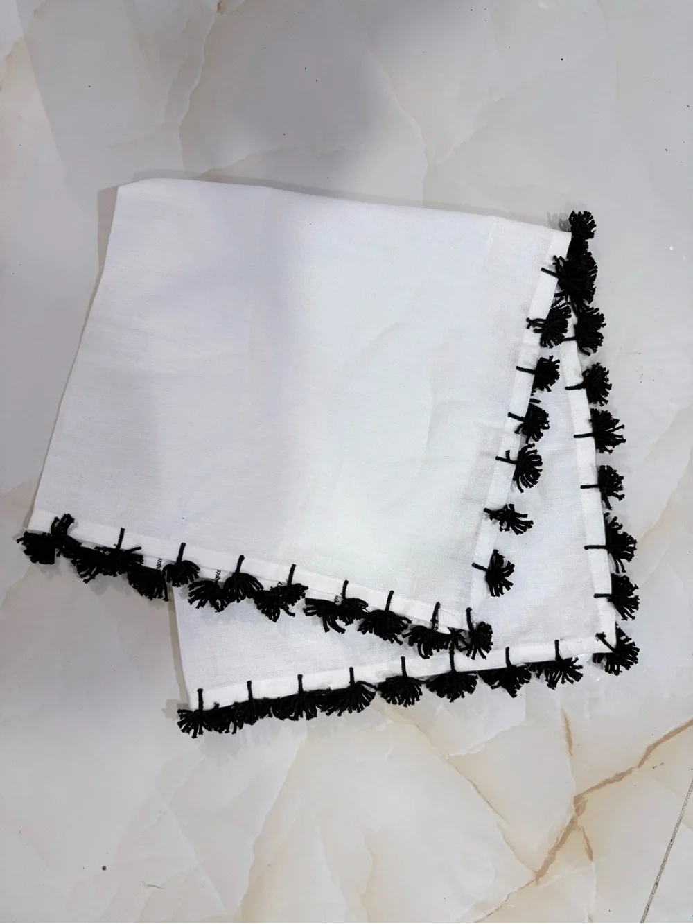 Table Napkins Set Of 6 White Cotton with Black Tassel Trim